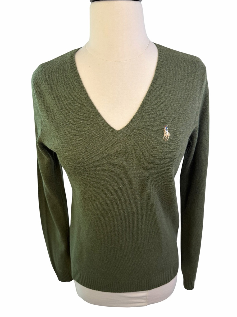 Ralph Lauren Sport Olive V-Neck Merino Wool Sweater Polo Horse Med - Picture 3 of 13